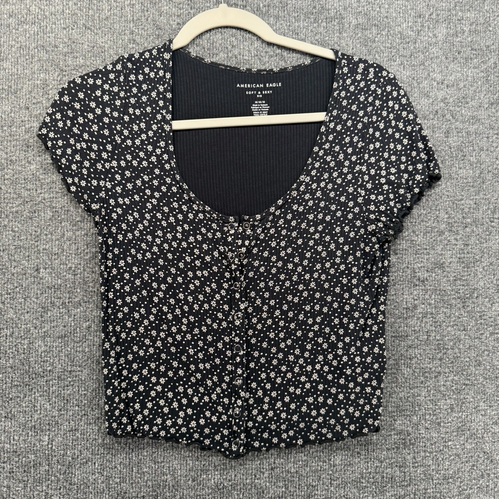 American Eagle Top Womens M Black Floral Rib Baby Tee Fitted Crop Y2K 90s Grunge